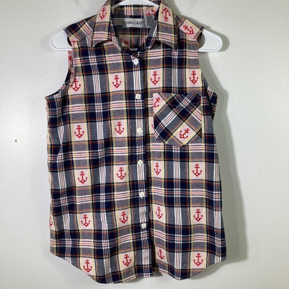 Womens Vintage Cabin Creek Sleeveless Plaid Anchor Button Shirt M Cotton